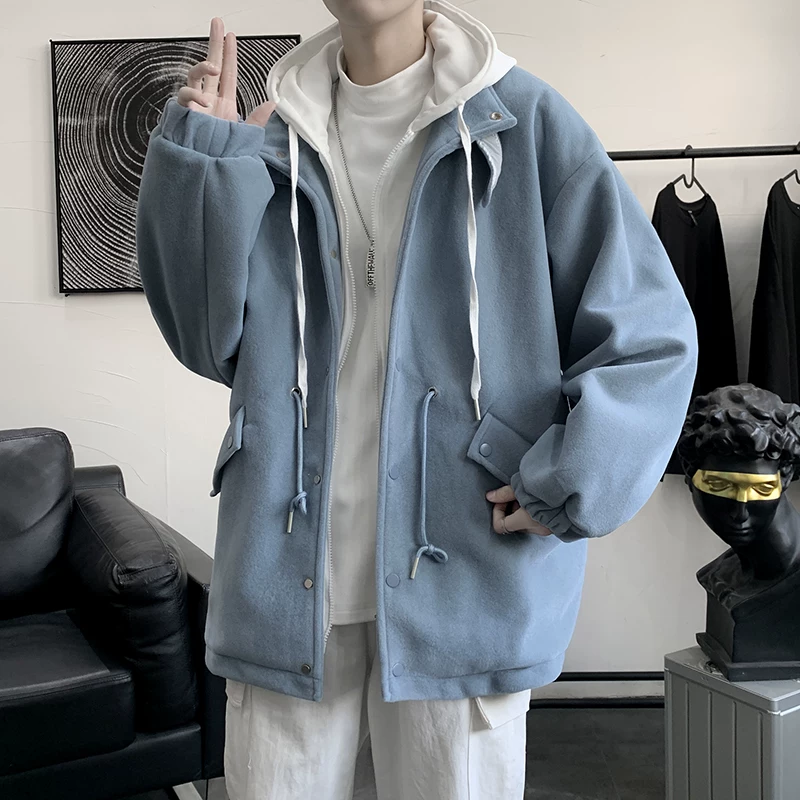 Áo khoác len giả hai mảnh phong cách Hồng Kông dành cho nam, áo khoác có mũ trùm đầu dáng rộng cho cặp đôi mùa thu đông, áo khoác len thời trang cá tính.