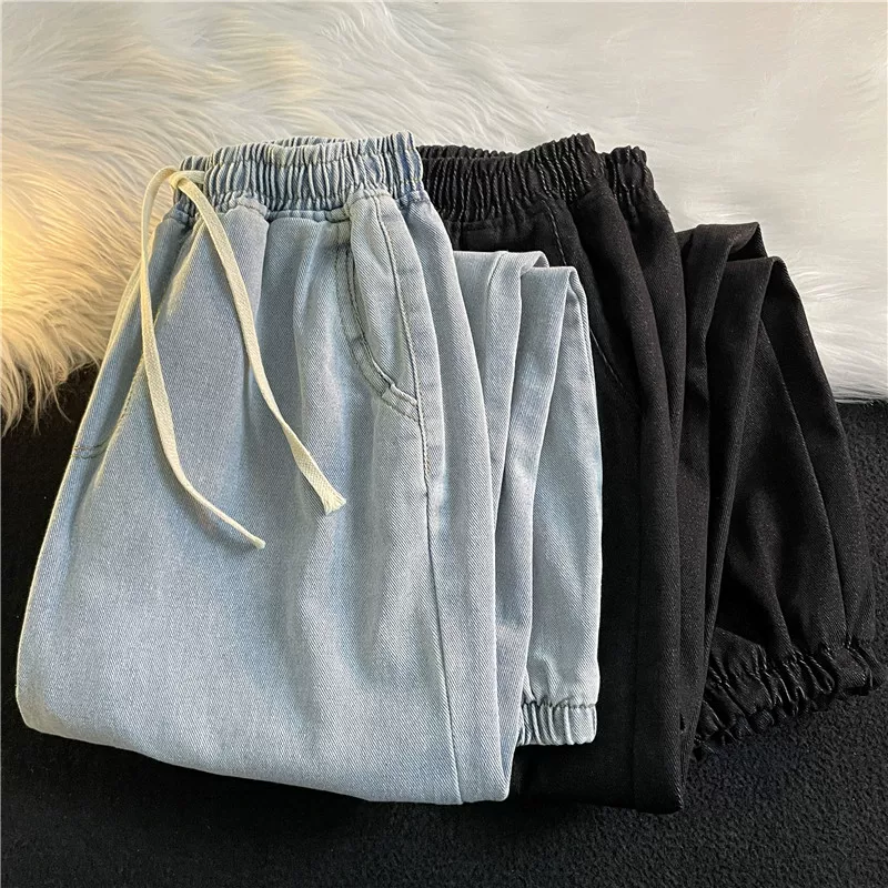 Quần jean lưng thun cho nam, xuân thu, phong cách Hồng Kông, quần học sinh đa năng, dáng suông rộng, thương hiệu thời thượng, quần jogger.