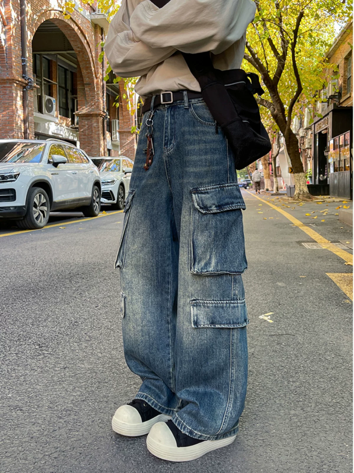 Quần jean công sở phong cách Mỹ dành cho nam, quần nhiều túi thương hiệu thời thượng phong cách cổ điển, quần ống rộng dáng cong cho mùa xuân và mùa thu.