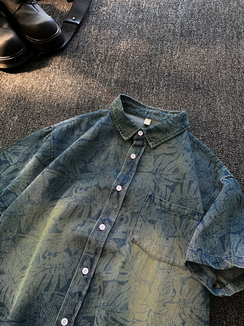 Áo sơ mi denim ngắn tay đã qua giặt, kiểu dáng vintage dành cho nam, áo kiểu mùa hè rộng rãi thoải mái, áo khoác phong cách Mỹ thời thượng, cá tính.