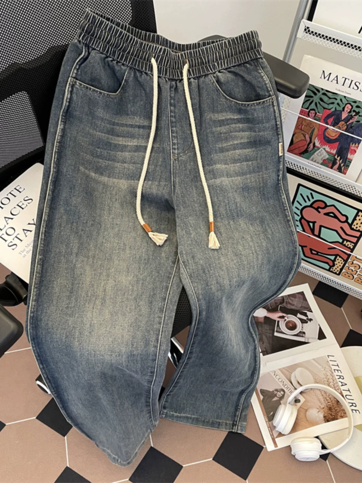 Quần jean cổ điển mùa thu đông dành cho nam, quần cạp chun có dây rút, quần ống rộng dáng rộng thương hiệu thời trang retro Mỹ