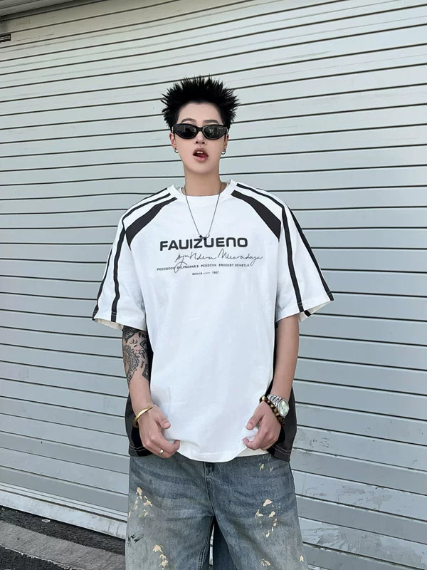 Áo thun ngắn tay phối màu cho nam, phong cách đường phố Mỹ, áo nửa tay cổ tròn cá tính, áo thun phong cách biker thời thượng.