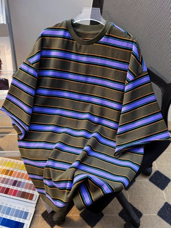 Áo thun sọc ngắn tay cho nam, thương hiệu thời trang mùa hè, dáng rộng, áo thun nửa tay cho cặp đôi, áo đôi phong cách retro Mỹ.