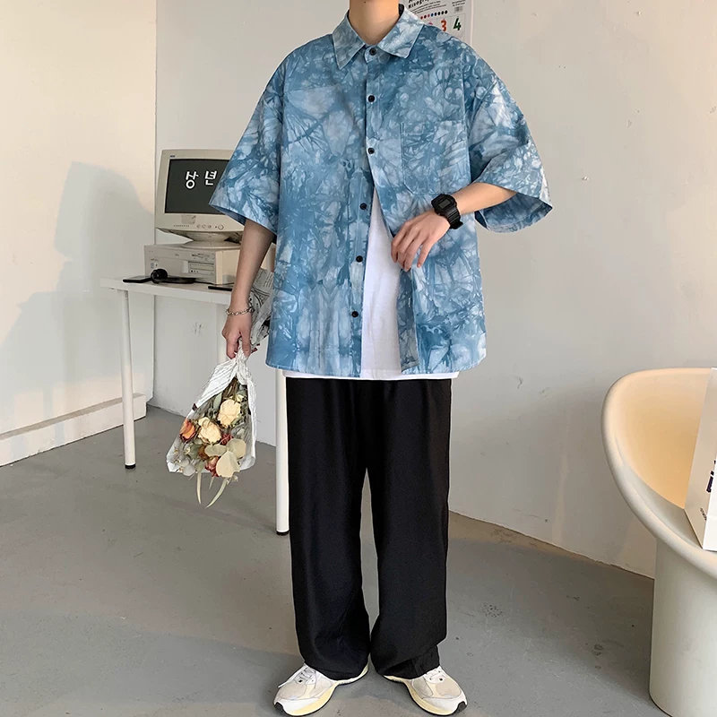 Áo sơ mi ngắn tay nhuộm màu cho nam, phong cách Hồng Kông, dáng rộng, áo sơ mi nửa tay, thời trang mùa hè Hàn Quốc, hợp thời trang, áo khoác thường ngày sành điệu.