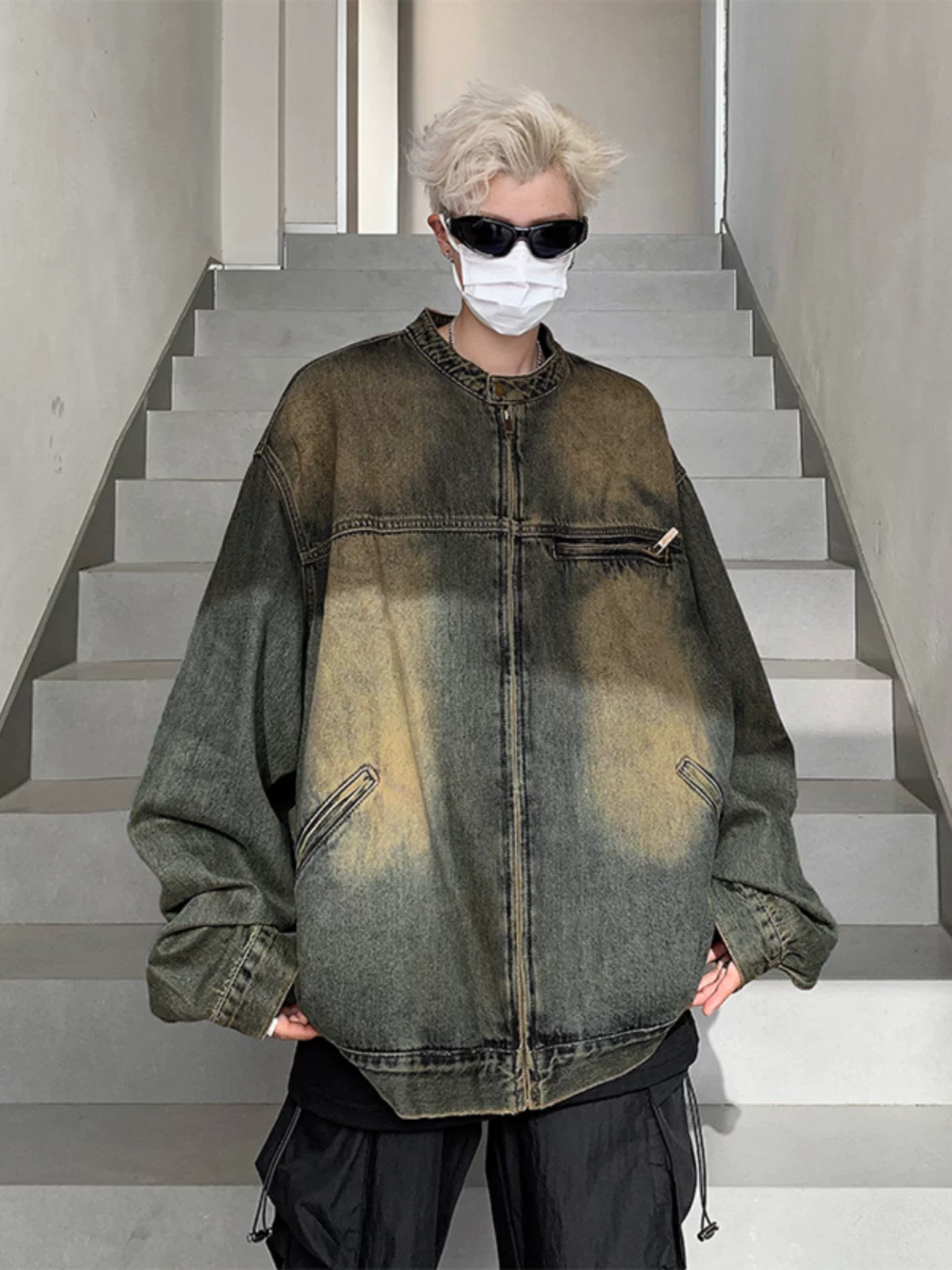 Áo khoác denim phong cách retro Mỹ, thương hiệu thời thượng mùa thu, dáng rộng, giặt mài tạo hiệu ứng cũ, áo khoác cổ đứng cá tính dành cho nam.