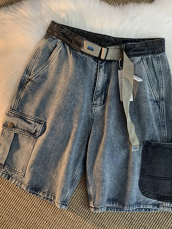Quần short denim vintage đã qua giặt cho nam, thương hiệu thời trang mùa hè, quần cargo nhiều túi, quần short lửng kiểu Mỹ rộng rãi, thoải mái.
