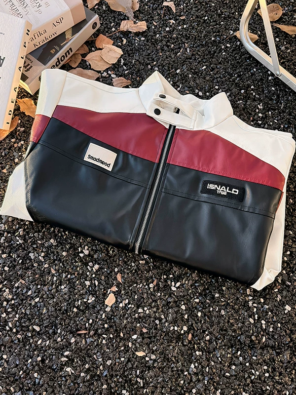 Áo khoác mô tô kiểu Mỹ dành cho nam, áo khoác da PU phối màu phong cách thu đông, áo cổ đứng thời thượng, cá tính.