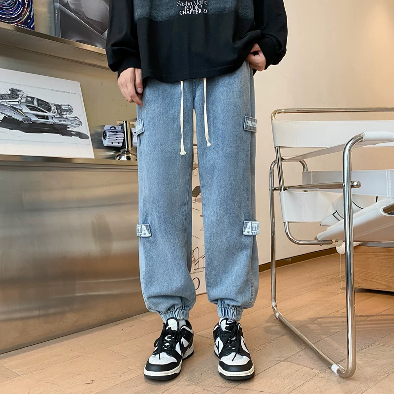 Quần jeans denim phối họa tiết dành cho nam, quần casual phong cách đường phố Mỹ thời thượng, quần jogger harem dáng rộng cho mùa thu đông.