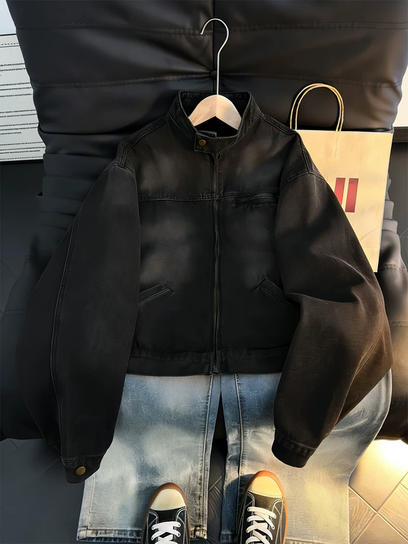 Áo khoác denim kiểu Mỹ cổ điển dành cho nam, áo khoác cổ đứng có khóa kéo dáng rộng, áo khoác cao cấp thời thượng mùa xuân thu.