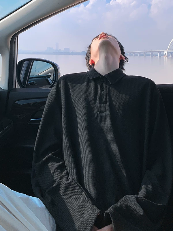 Áo thun nam cổ polo tay dài, kiểu dáng thời trang thu đông, chất liệu dày dặn, áo kiểu rộng rãi thoải mái, áo thun trơn màu phong cách Mỹ cổ điển.