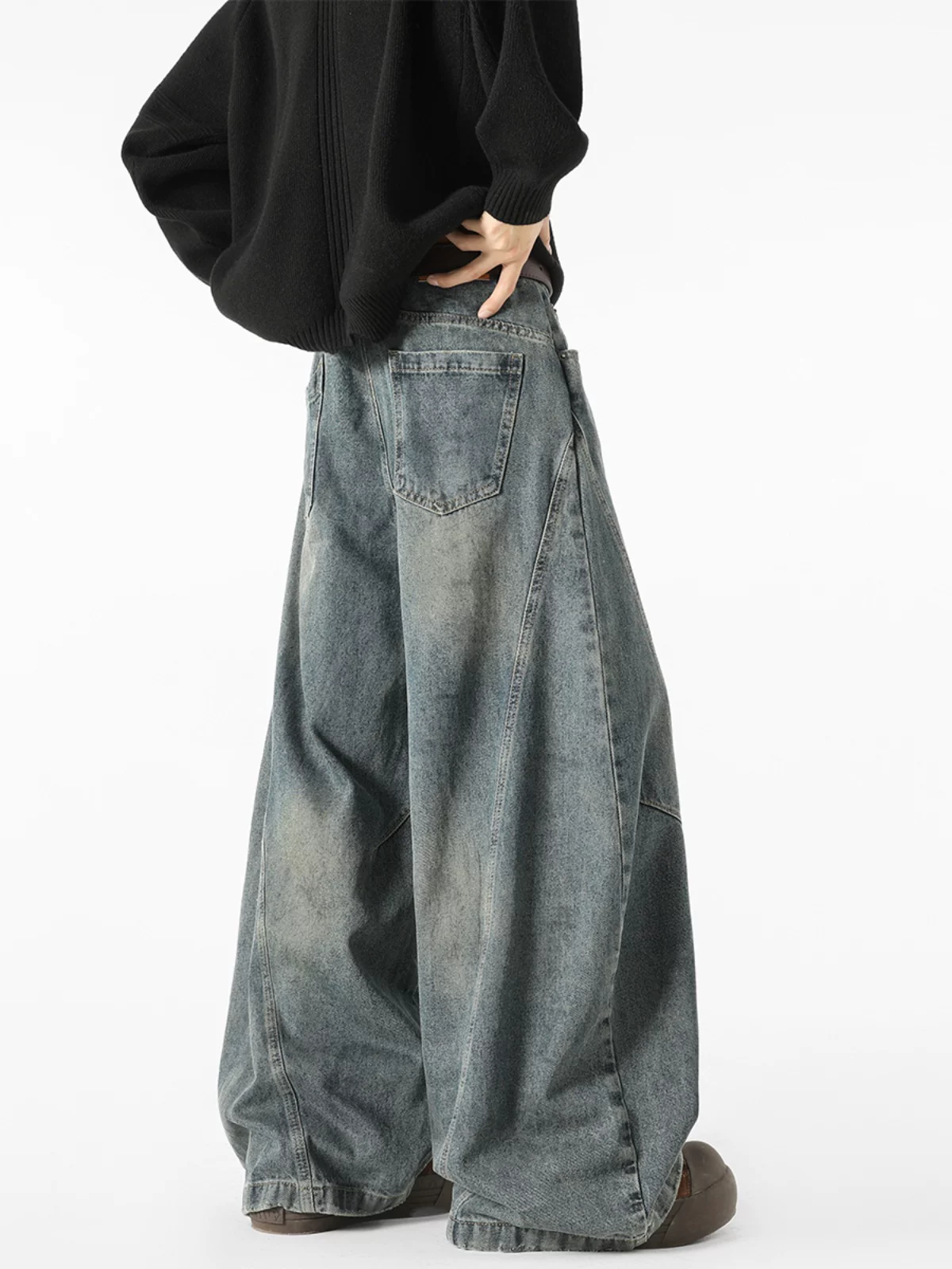 Quần jeans nam kiểu Mỹ cổ điển, thiết kế thương hiệu thời thượng thu đông mới, quần ống rộng dài chạm đất, kiểu dáng xước.