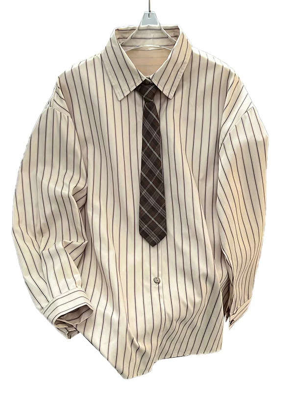 Áo khoác sơ mi sọc cổ điển Nhật Bản dành cho nam, dáng rộng, áo sơ mi dài tay sành điệu có cà vạt, thiết kế xuân thu.