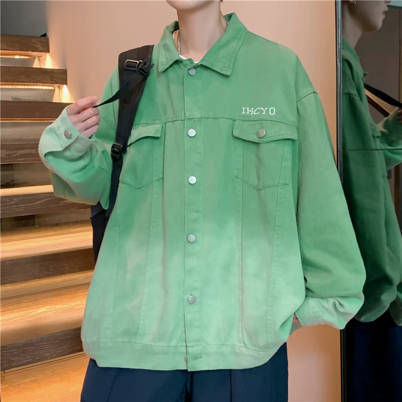 Áo khoác denim màu gradient đã qua xử lý giặt mềm dành cho nam, phong cách Mỹ, kiểu dáng đường phố cá tính, áo khoác cặp đôi thời trang thu đông dáng rộng.