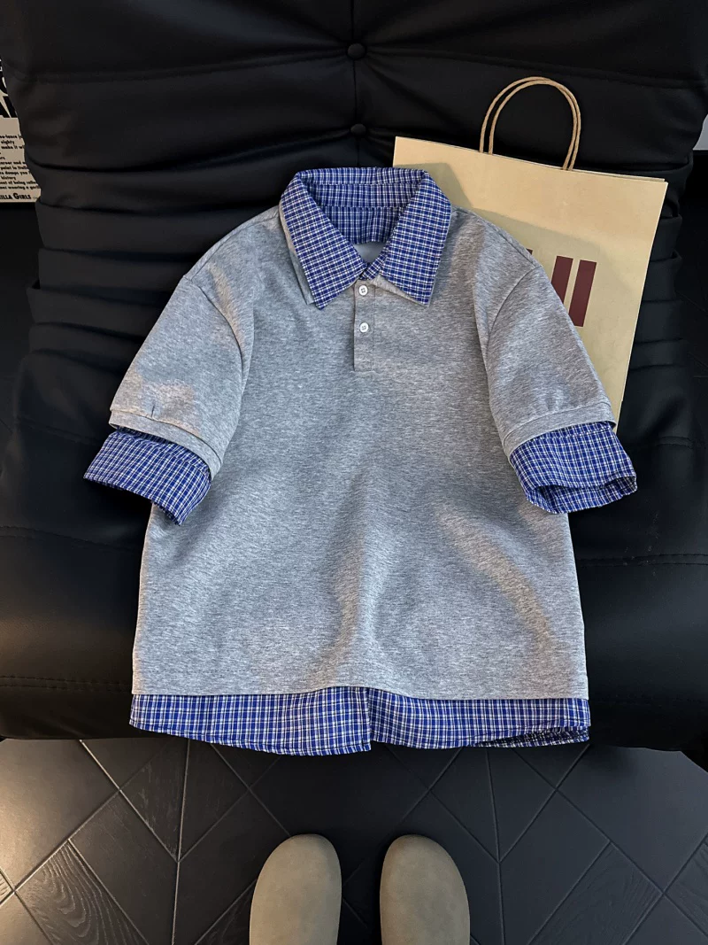 Áo sơ mi Polo giả hai mảnh kẻ sọc phối vải cho nam, áo thun cổ rộng phong cách Mỹ mùa hè, áo thiết kế thương hiệu thời thượng.