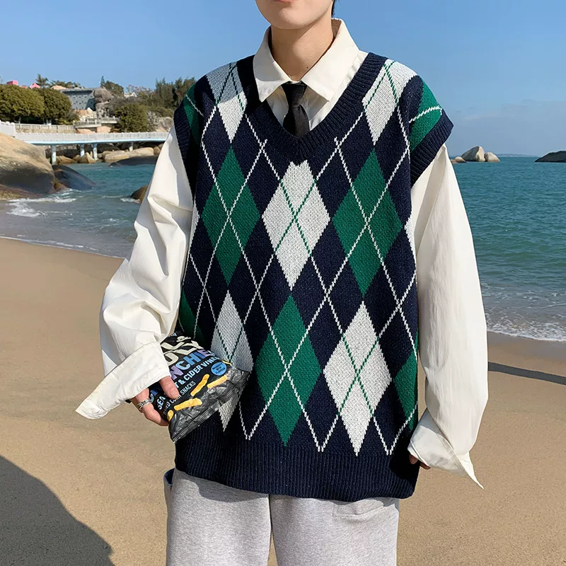 Áo vest dệt kim kim cương phong cách học viện dành cho nam giới 2022 mùa xuân mới hợp thời trang thương hiệu áo len cổ chữ V dành cho cặp đôi.