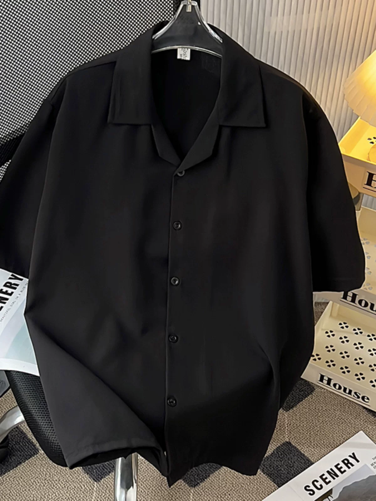 Áo sơ mi lụa băng cao cấp dành cho nam, tay ngắn, dáng rộng, áo sơ mi cổ Cuba phong cách Mỹ, trang phục cặp đôi mùa hè hợp thời trang.