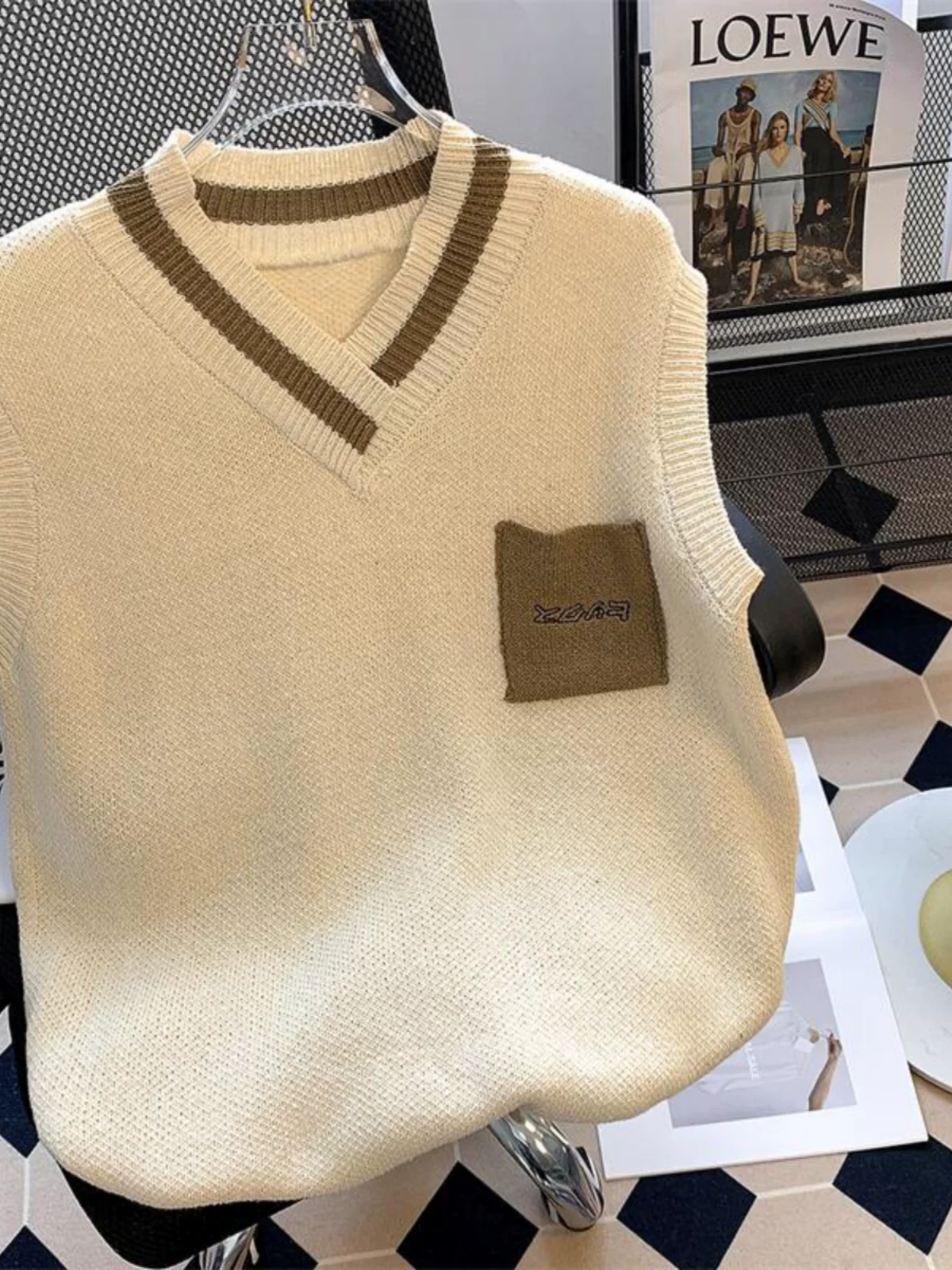 Áo len cổ chữ V mùa thu đông dành cho nam, áo vest nhiều lớp phối màu thời thượng phong cách Nhật Bản, áo vest dệt kim dáng rộng cho cặp đôi.