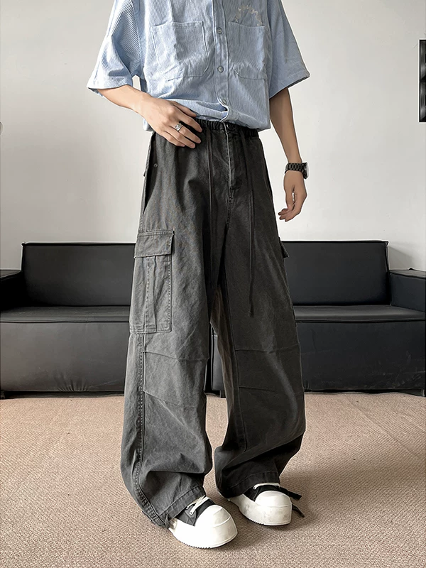 Quần jean workwear kiểu Mỹ cổ điển dành cho nam, quần dù ống rộng thoải mái mùa hè, quần casual xếp ly đa năng thời thượng.