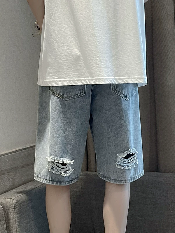 Quần short denim rách cho nam, quần dài vừa ống thẳng phong cách retro Hồng Kông, quần short năm điểm dáng rộng, mỏng, hợp thời trang mùa hè, đa năng.