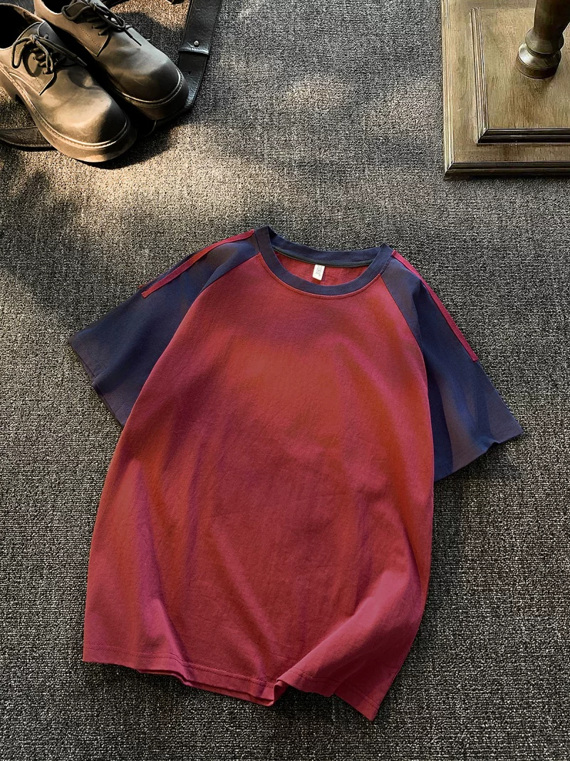 Áo thun nam tay ngắn phối màu tương phản, kiểu Mỹ cổ điển mùa hè, chất liệu cotton nguyên chất, áo thun tay lửng thời trang, thương hiệu nổi tiếng, kiểu dáng rộng rãi thoải mái.
