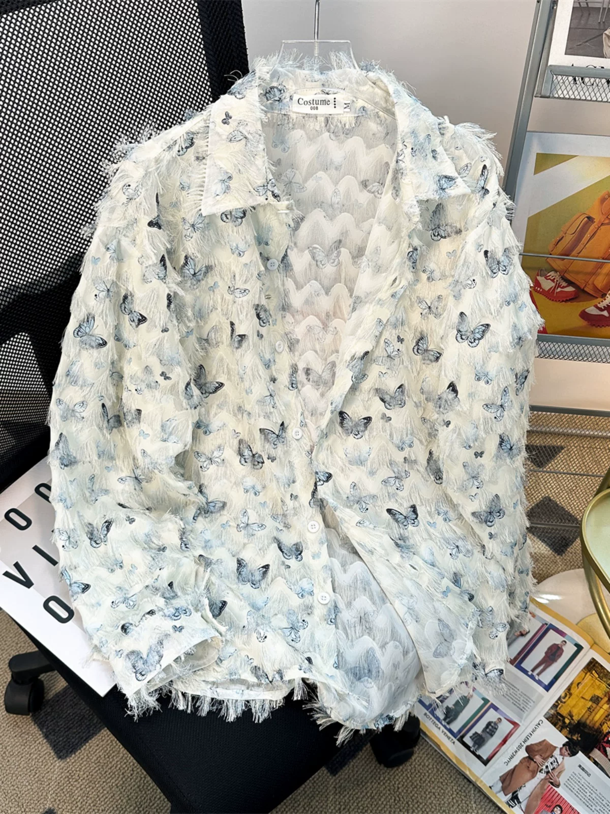 Áo sơ mi nam họa tiết bướm tua rua, tay dài, thiết kế độc đáo mùa hè, áo thời trang Mỹ, áo khoác cặp đôi.