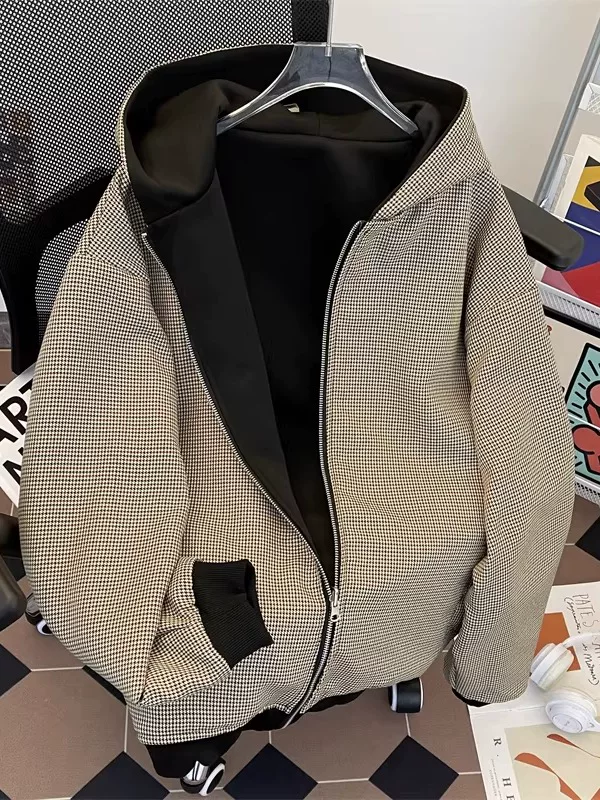 Áo len cardigan họa tiết răng cưa dành cho nam và nữ, áo khoác dáng rộng phong cách Mỹ thời thượng mùa thu đông, áo khoác có mũ thiết kế có thể đảo ngược.