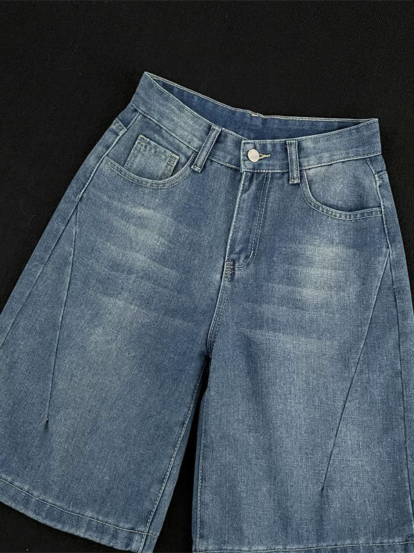 Quần short denim ống đứng đã qua giặt cho nam, quần năm phần dáng rộng hợp thời trang mùa hè, quần dài vừa phải phong cách retro Nhật Bản đơn giản giản dị.