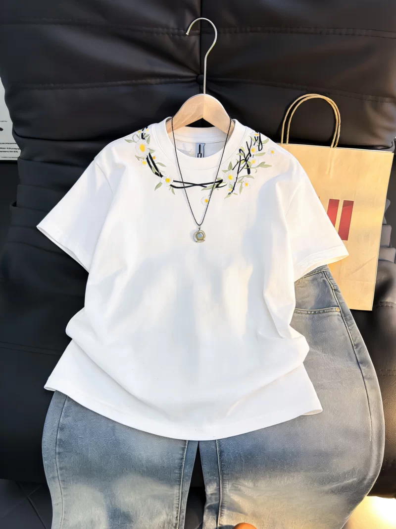 Áo thun nam tay ngắn thêu hoa, áo phông cổ tròn rộng rãi thời trang mùa hè, áo kiểu Mỹ năng động chất liệu Sorona.
