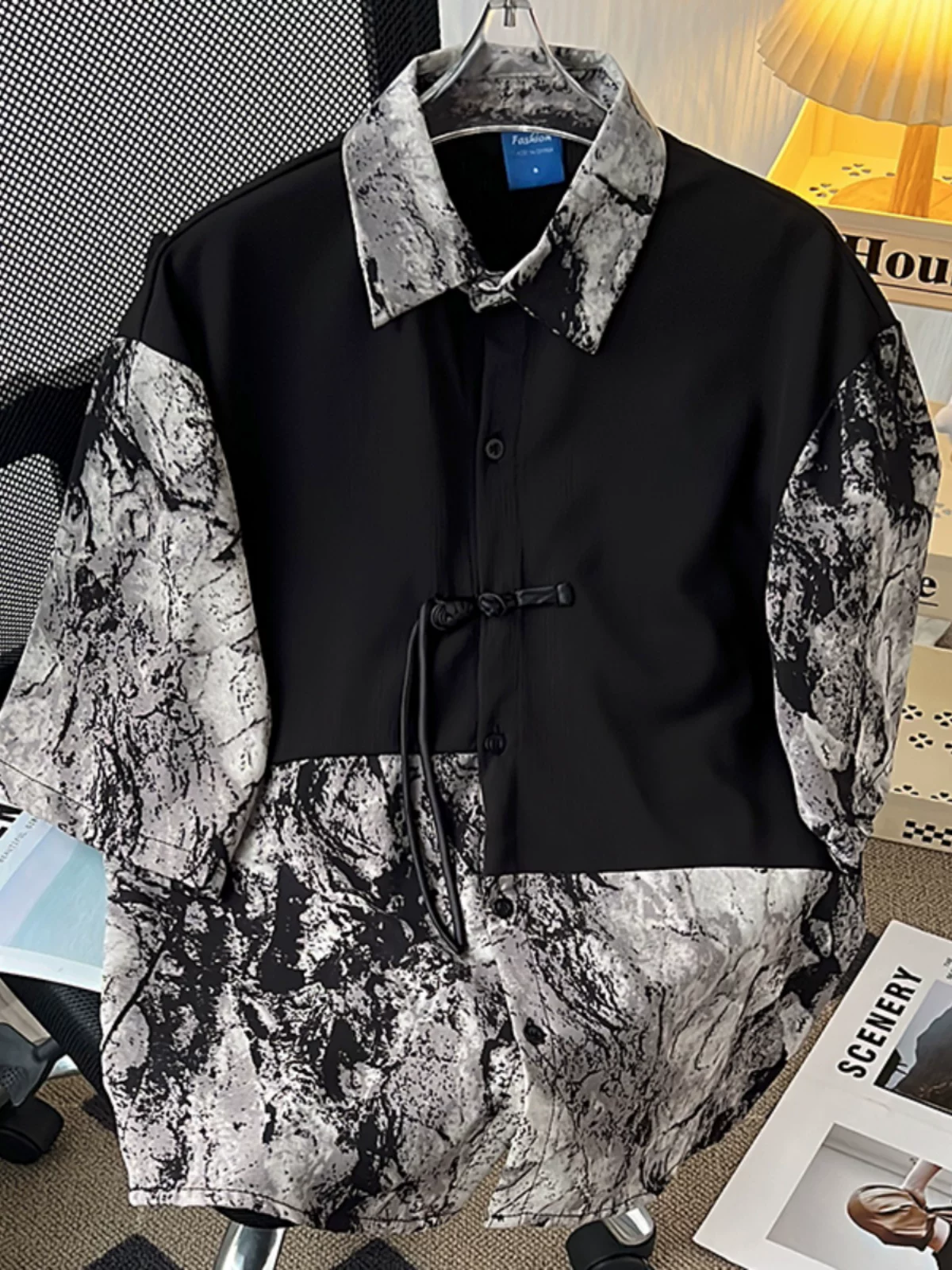 Áo sơ mi nam phối màu nhuộm chàm, kiểu Trung Quốc mới, tay ngắn, mùa hè, dáng rộng, thời trang cao cấp.