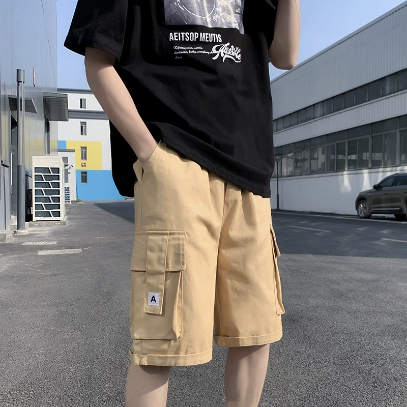 Quần short học sinh kiểu Nhật dành cho nam, quần dài vừa ống đứng nhiều túi hợp thời trang mùa hè, quần short ống rộng đa năng.