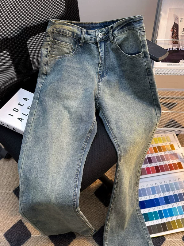 Quần jeans màu xám khói đã qua xử lý giặt mềm dành cho nam, phong cách Mỹ, thương hiệu thời thượng, quần ống rộng dáng thẳng, quần ống loe rộng thoải mái, cá tính.