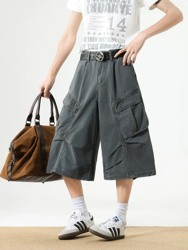 Quần short nam nhiều túi, thương hiệu thời thượng, dáng rộng, thiết kế xếp ly, quần ống đứng, quần short ống rộng mùa hè.