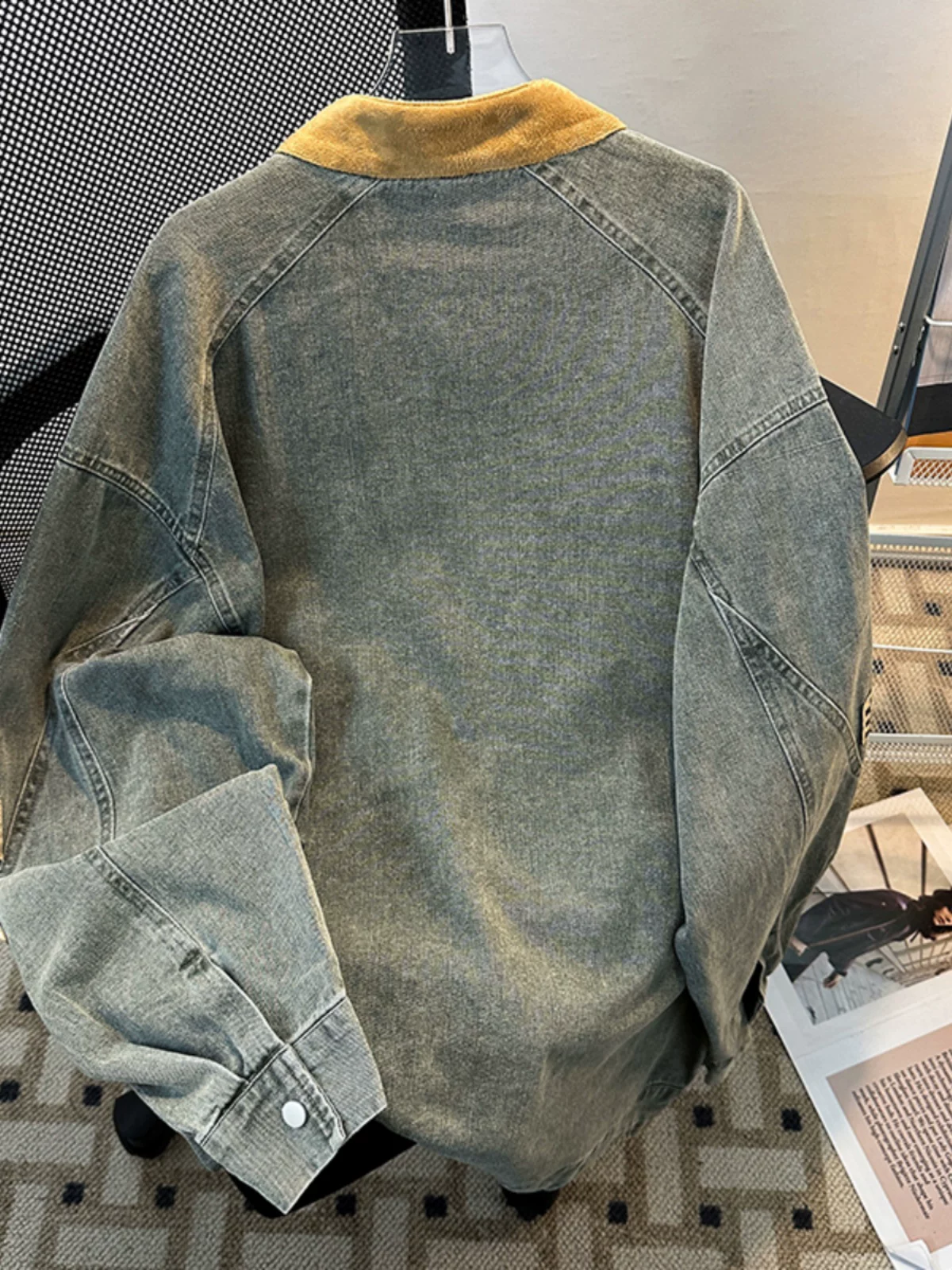 Áo khoác denim thêu họa tiết cổ điển của Mỹ dành cho nam, dáng rộng, cổ đứng, áo khoác thường ngày, áo khoác công sở hợp thời trang mùa xuân thu.