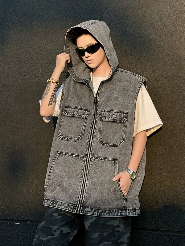 Áo vest denim không tay phong cách cổ điển Nhật Bản dành cho nam, áo khoác có mũ trùm đầu kiểu công sở hợp thời trang, áo khoác vest phá cách phong cách Mỹ mùa hè.