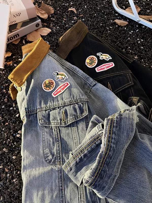 Áo khoác denim thêu họa tiết mùa xuân thu dành cho nam, áo khoác kiểu workwear phối màu thời thượng, áo kiểu Mỹ cổ điển, phong cách casual.