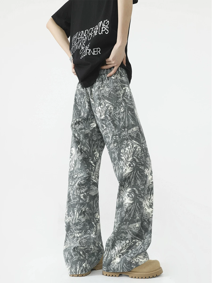 Quần jean họa tiết hoa nhuộm tie-dye dành cho nam và nữ, quần thiết kế độc đáo, quần ống đứng phong cách Mỹ thời thượng mùa xuân thu, quần loe thương hiệu thời trang.