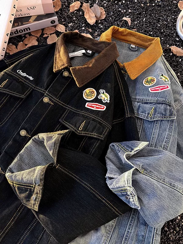 Áo khoác denim thêu họa tiết mùa xuân thu dành cho nam, áo khoác kiểu workwear phối màu thời thượng, áo kiểu Mỹ cổ điển, phong cách casual.