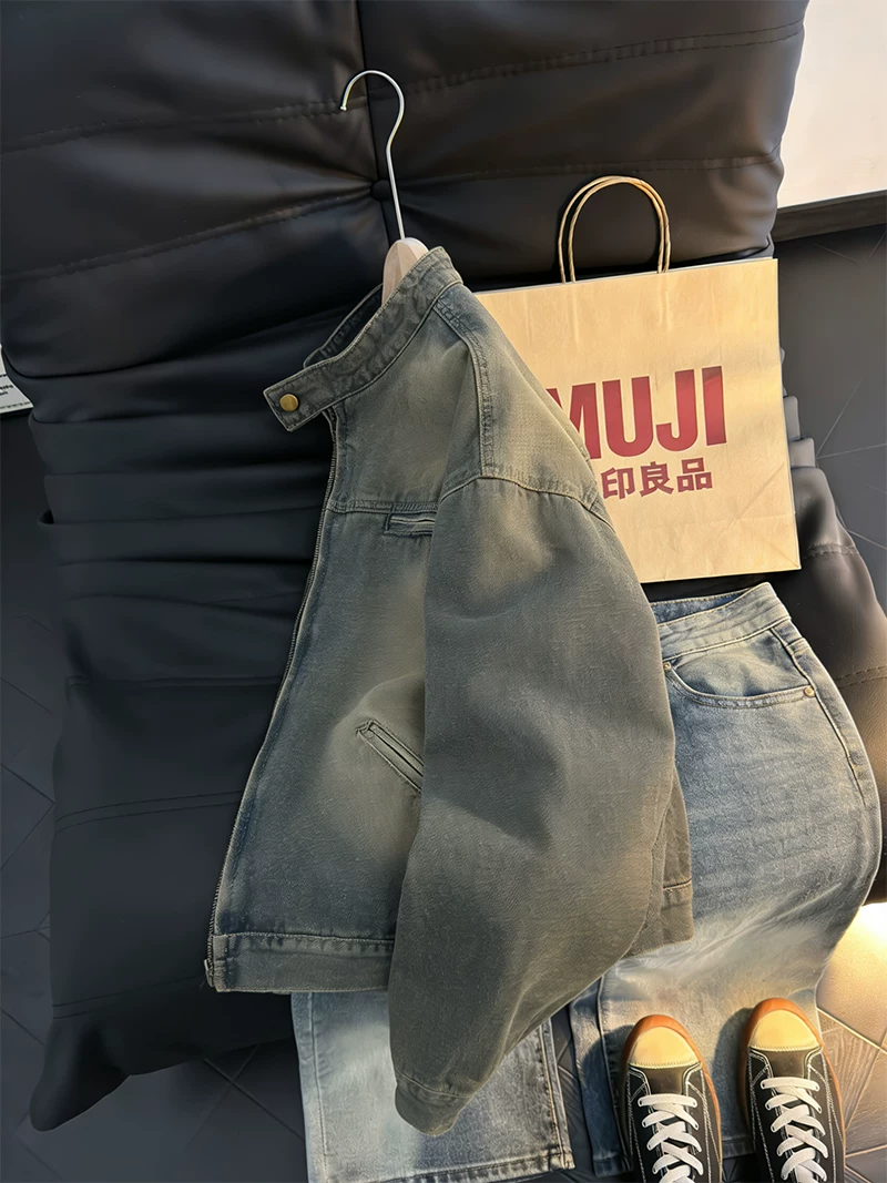 Áo khoác denim kiểu Mỹ cổ điển dành cho nam, áo khoác cổ đứng có khóa kéo dáng rộng, áo khoác cao cấp thời thượng mùa xuân thu.