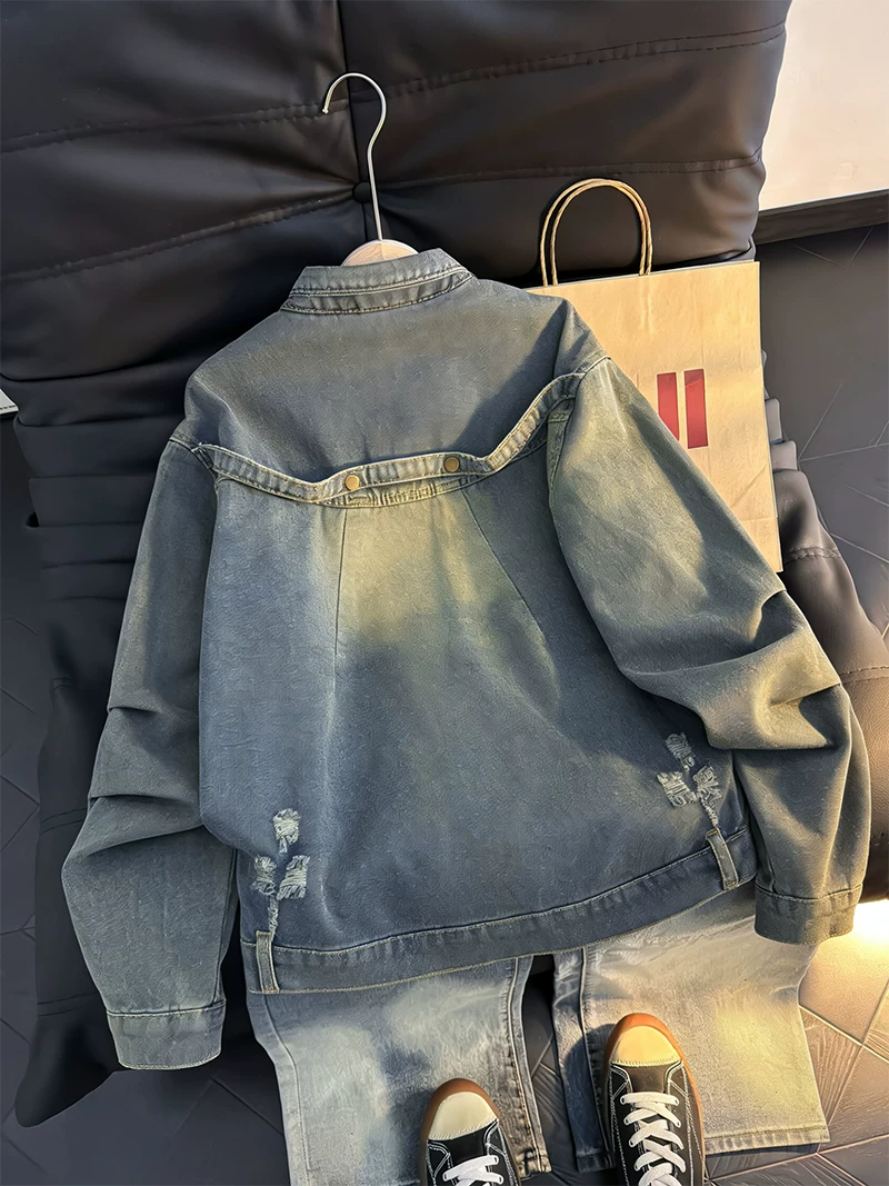 Áo khoác denim cổ đứng có thể giặt được dành cho nam, áo khoác có khóa kéo dáng rộng hợp thời trang mùa xuân thu, áo khoác cao cấp và phong cách Mỹ.