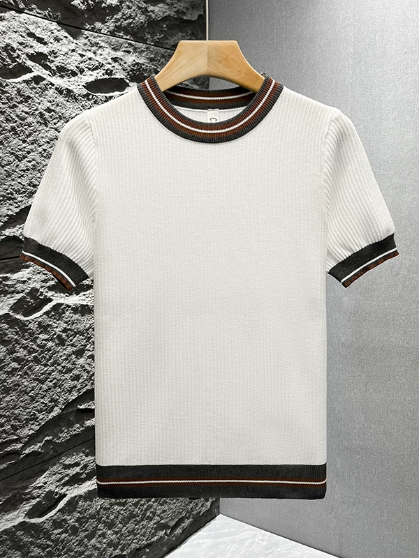 Áo thun nam tay ngắn dệt kim phối màu kiểu Mỹ, áo thun mùa hè mới chất liệu lụa băng thoáng khí, cảm giác cao cấp, kiểu dáng rộng rãi.