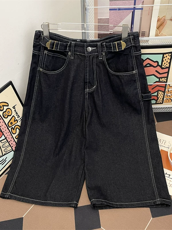 Quần short nam kiểu Mỹ retro, thời trang đường phố, dáng rộng, ống rộng, mùa hè 2025, quần dài vừa phải, kiểu dáng mới.