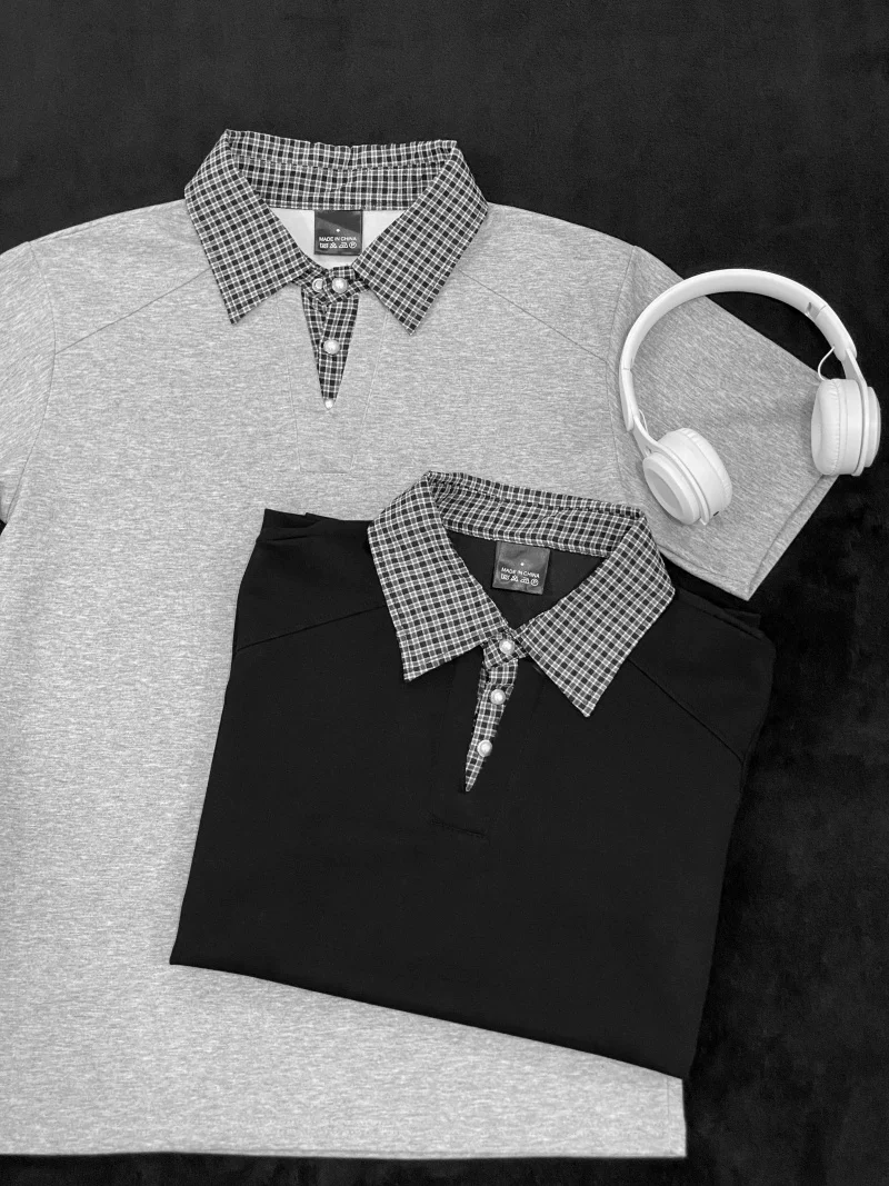 Áo polo nam tay ngắn phối họa tiết caro, kiểu dáng thời trang mùa hè, form rộng, thiết kế giả hai lớp, áo thun nửa tay phong cách retro Mỹ.