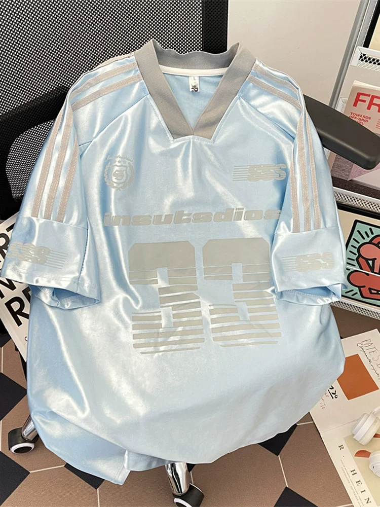 Áo thun nam cổ chữ V tay ngắn, áo thun nửa tay dáng rộng hợp thời trang mùa hè, áo thể thao in họa tiết lụa băng phong cách Mỹ