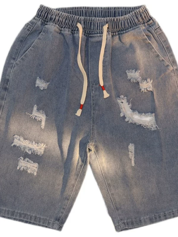 Quần short denim lưng thun co giãn mùa hè hợp thời trang thương hiệu hot trend quần dài vừa phải rách thẳng nam phong cách Nhật Bản quần lửng dáng rộng thường ngày