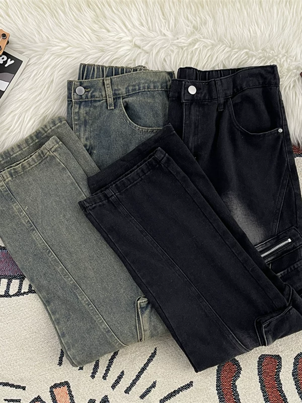 Quần jean nam túi lớn, phong cách retro Mỹ, thương hiệu thời thượng, quần ống rộng dáng suông, phong cách đường phố cá tính, quần dài hơi loe.