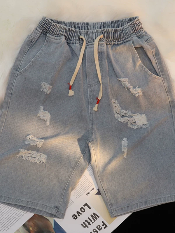 Quần short denim lưng thun co giãn mùa hè hợp thời trang thương hiệu hot trend quần dài vừa phải rách thẳng nam phong cách Nhật Bản quần lửng dáng rộng thường ngày