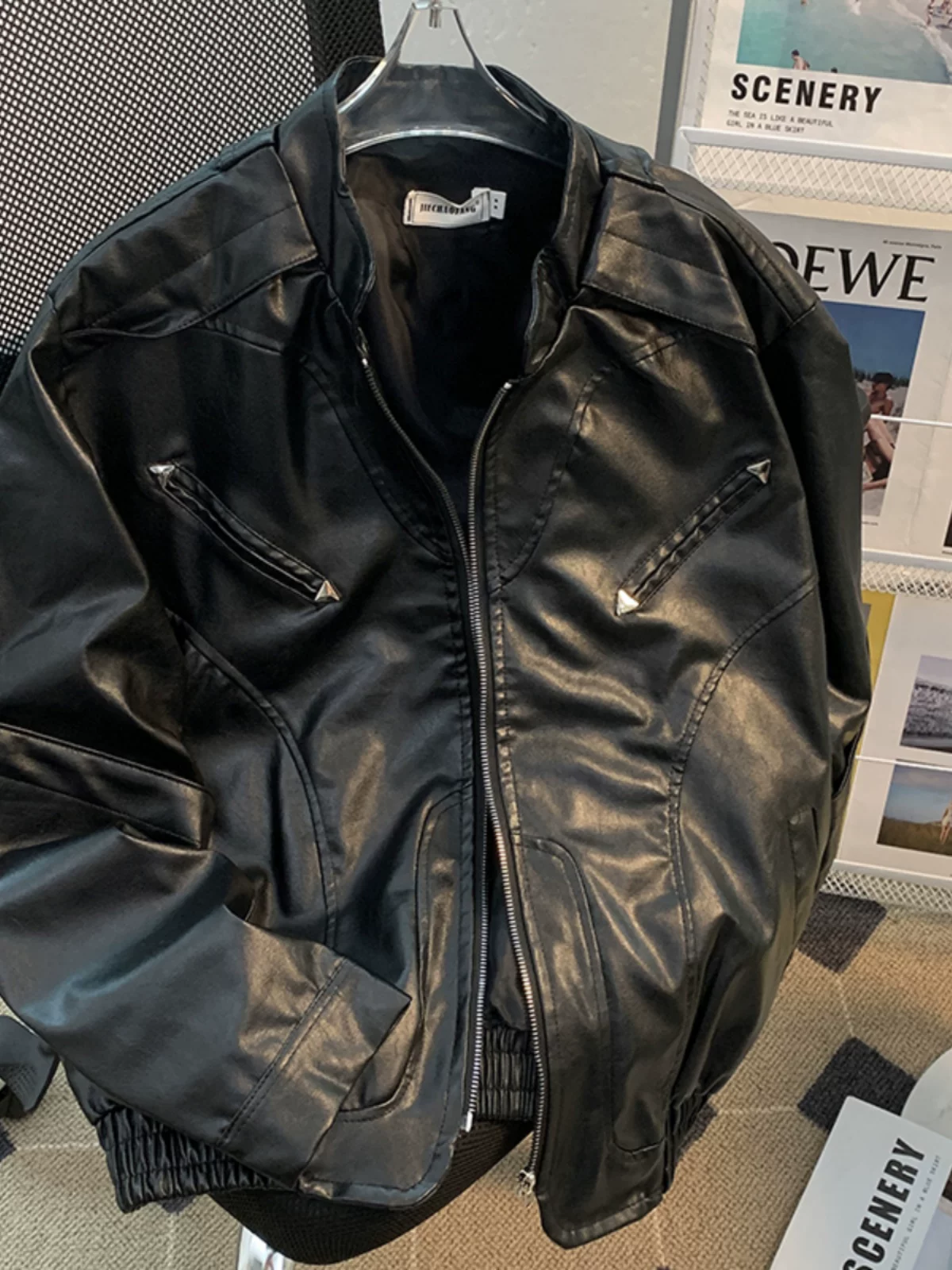 Áo khoác da mô tô đường phố cao cấp dành cho nam, mùa xuân thu, thiết kế khóa kéo, kiểu dáng rộng rãi phong cách Mỹ, áo khoác cleanfit thời thượng.