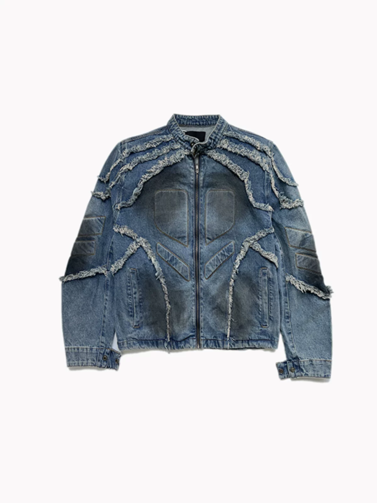 Áo khoác denim viền tua rua có đệm vai dành cho nam, thiết kế thu đông, kiểu dáng ngắn, áo khoác biker thời thượng phong cách đường phố.