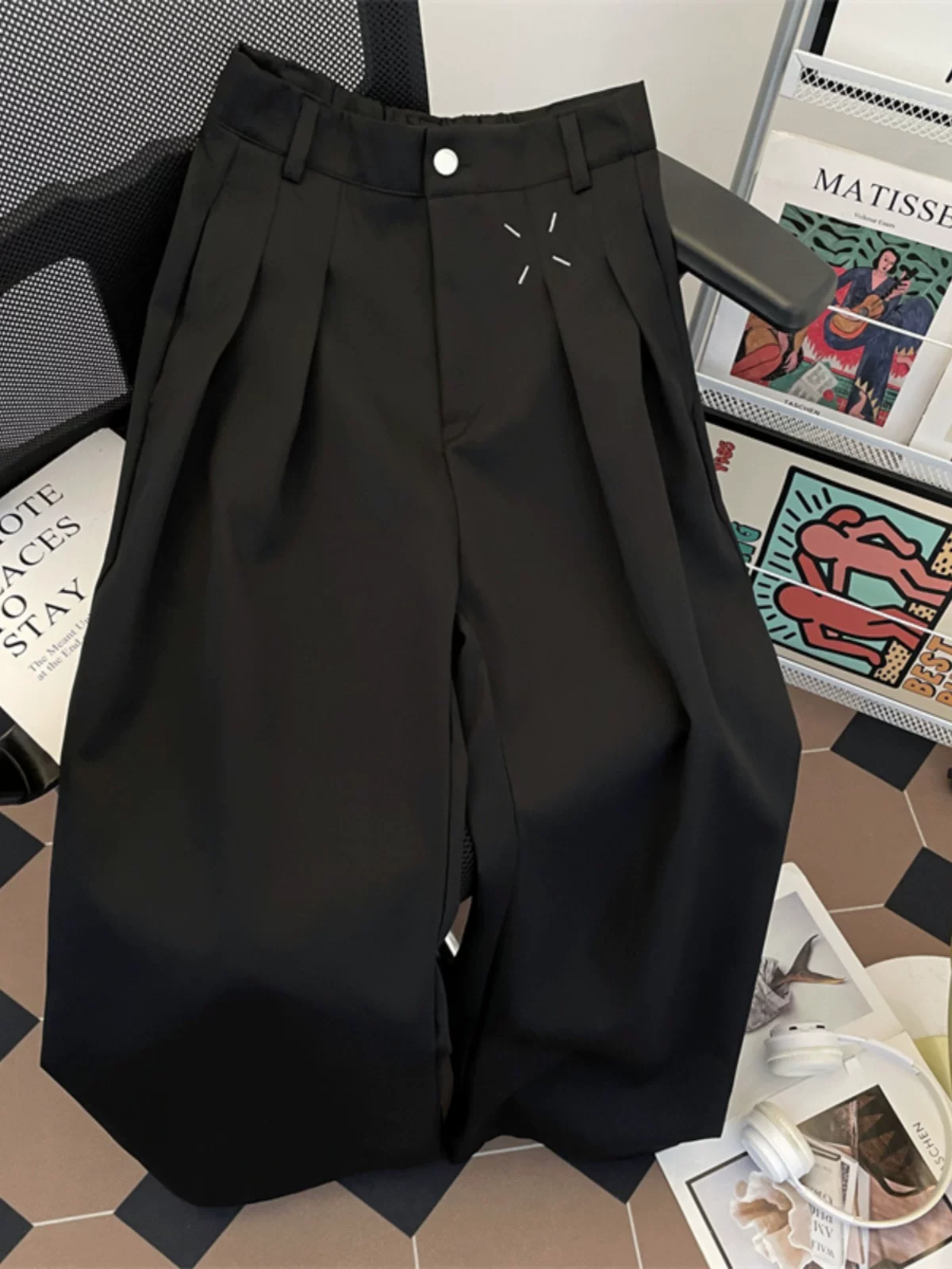 Quần tây nam lưng thun bán co giãn, phong cách cleanfit đường phố Mỹ, mùa xuân thu, quần ống rộng thoải mái có hiệu ứng xếp ly.