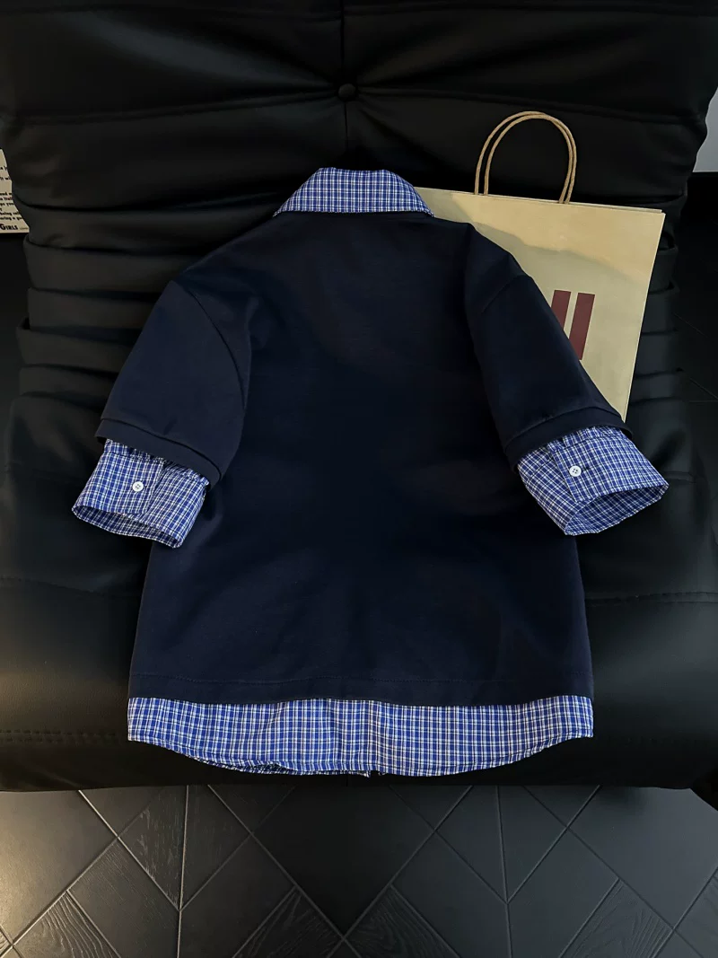 Áo sơ mi Polo giả hai mảnh kẻ sọc phối vải cho nam, áo thun cổ rộng phong cách Mỹ mùa hè, áo thiết kế thương hiệu thời thượng.